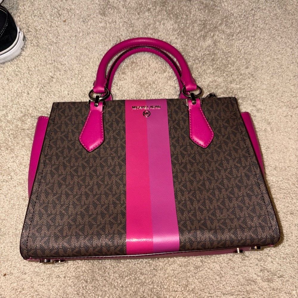 Michael Kors Brown Signature Satchel with Fuchsia Stripe